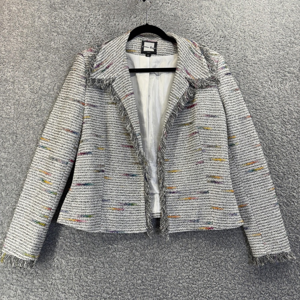 Enrico Ferezi Jacket Womens 10‎ White Multicolor Tweed Fringe Lined Made USA